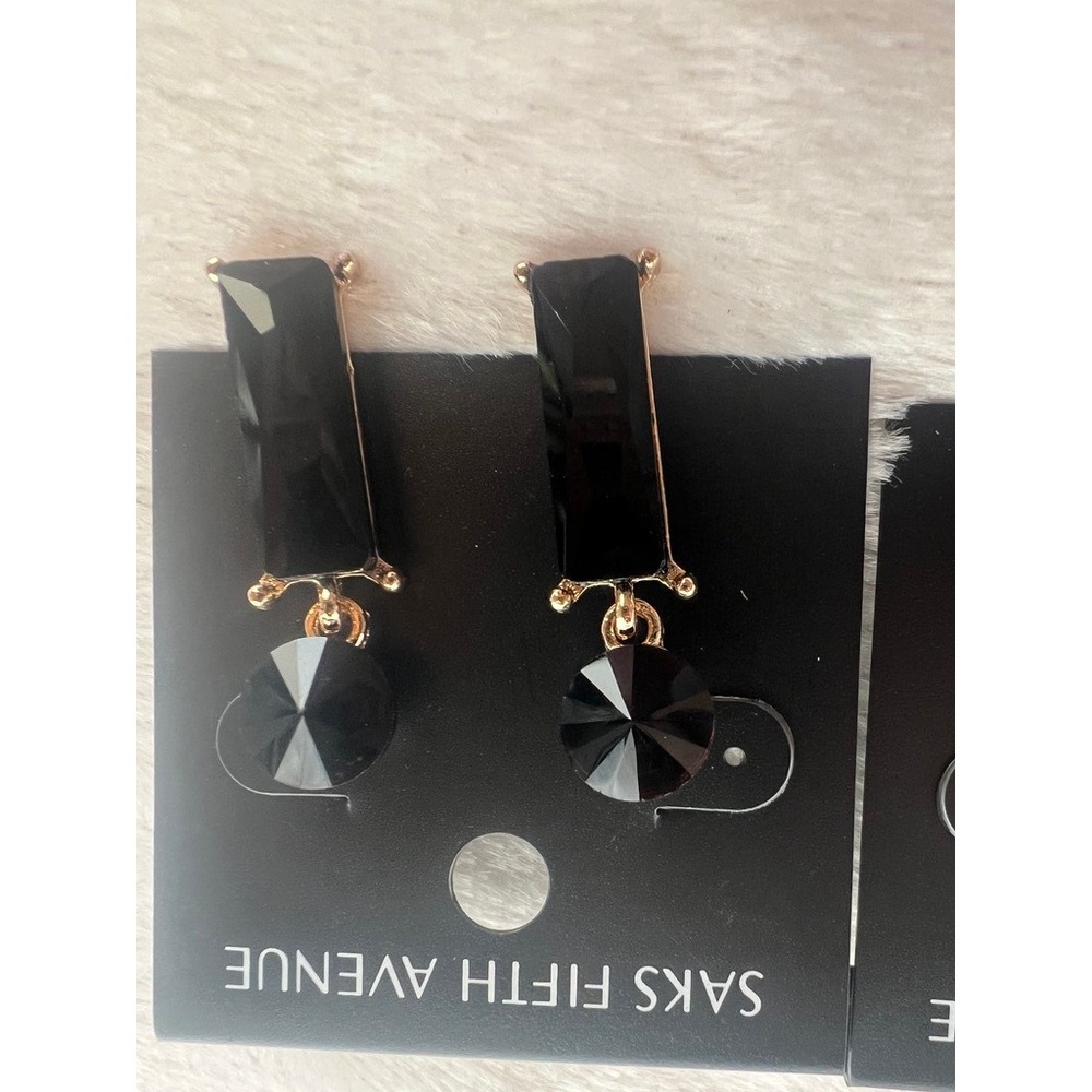 Saks Fifth Avenue Earrings 2 Pair Black Gold Crystal Rhinestone NWT Glam Evening - Picture 8 of 13